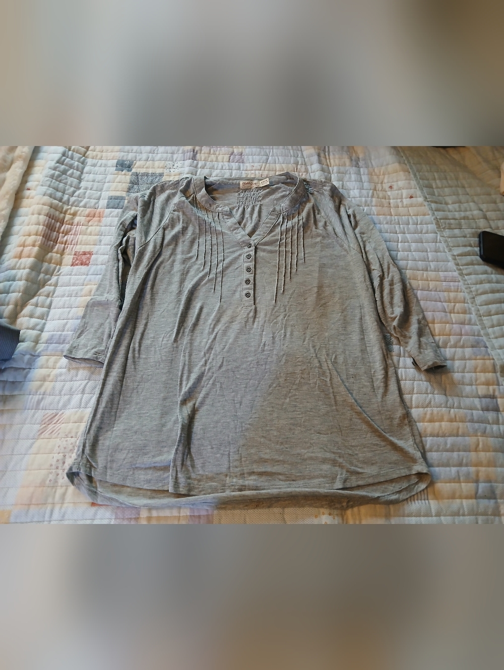 Faded Glory Light Gray Henley Pintuck Long Sleeve Top